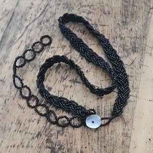 Handmade Vintage Black Glass Seed‎ Beaded Belt Abalone Fastener 1920s Flapper